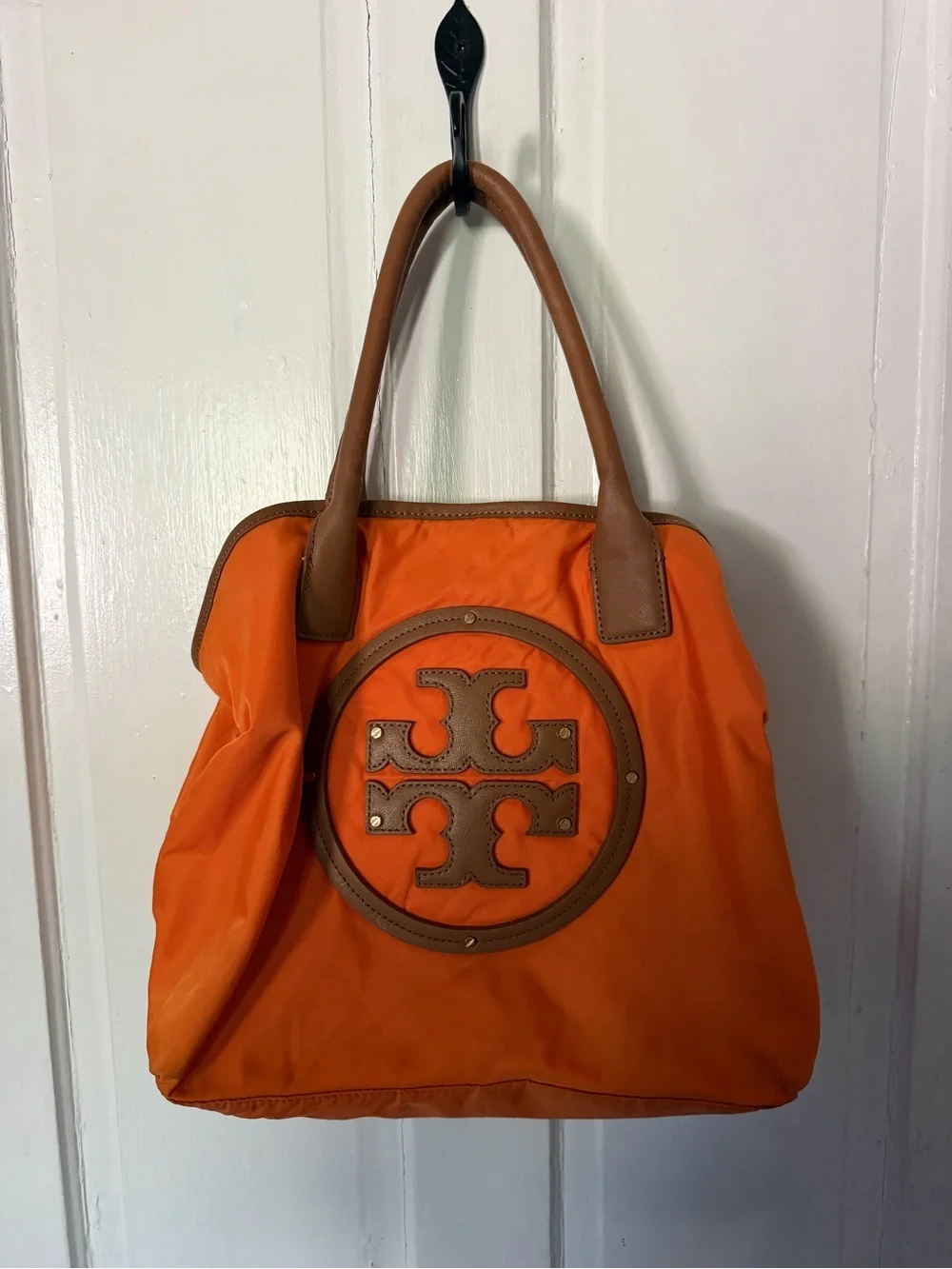 Tory Burch Orange Nylon Tote with Brown Leather Trim and Logo Medallion